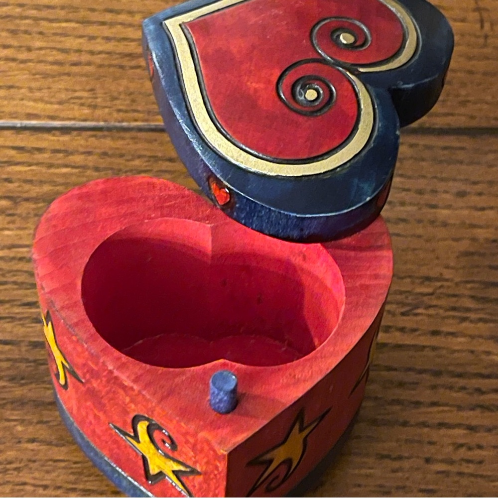 Heart Shaped Trick or Puzzle Box Footed Wood Trinket Box with Secret Pivot Lid